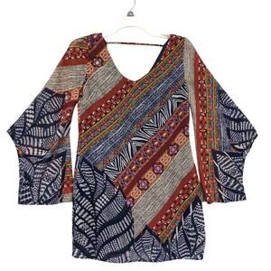 Pink Owl Women's S Oversized Sheer Kimono Flare Sleeves Boho Tribal Mini Dress